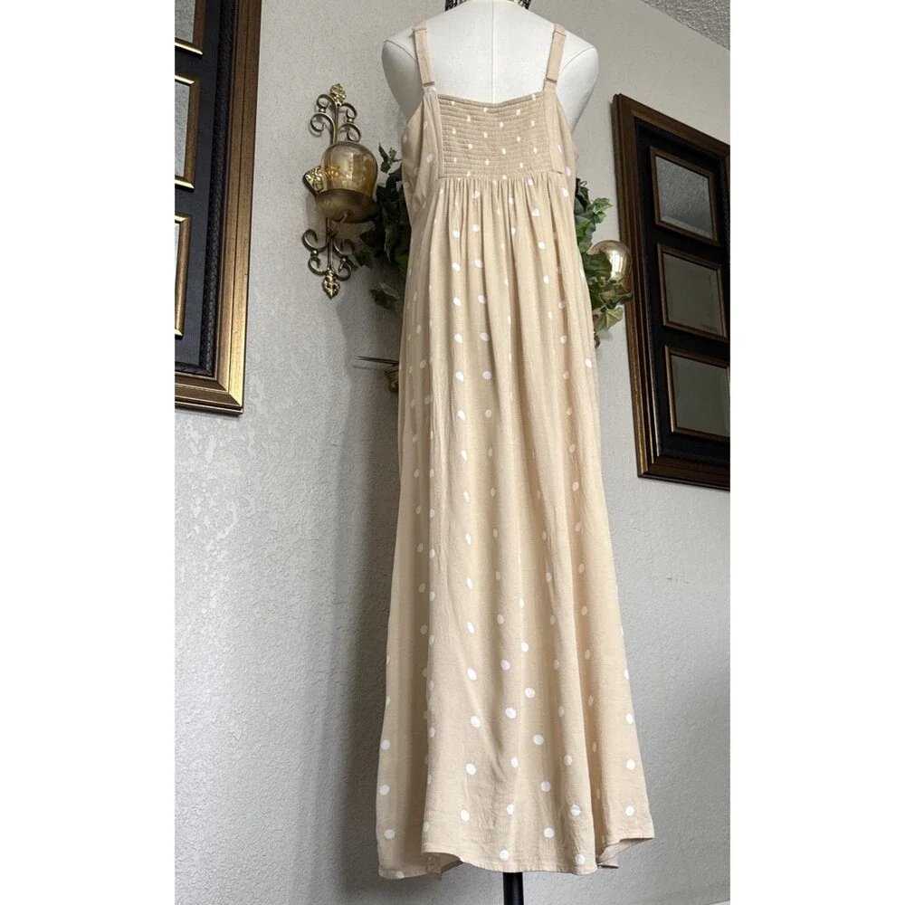 old navy strap tank maxi Dress beige white polka dot Y2K mocked back Size L - Picture 3 of 16